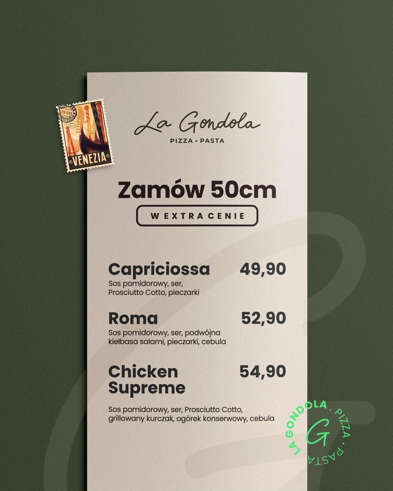 Promocja La Gondola na pizze 50 cm: Capricciossa 49,90 zł, Roma 52,90 zł, Chicken Supreme 54,90 zł